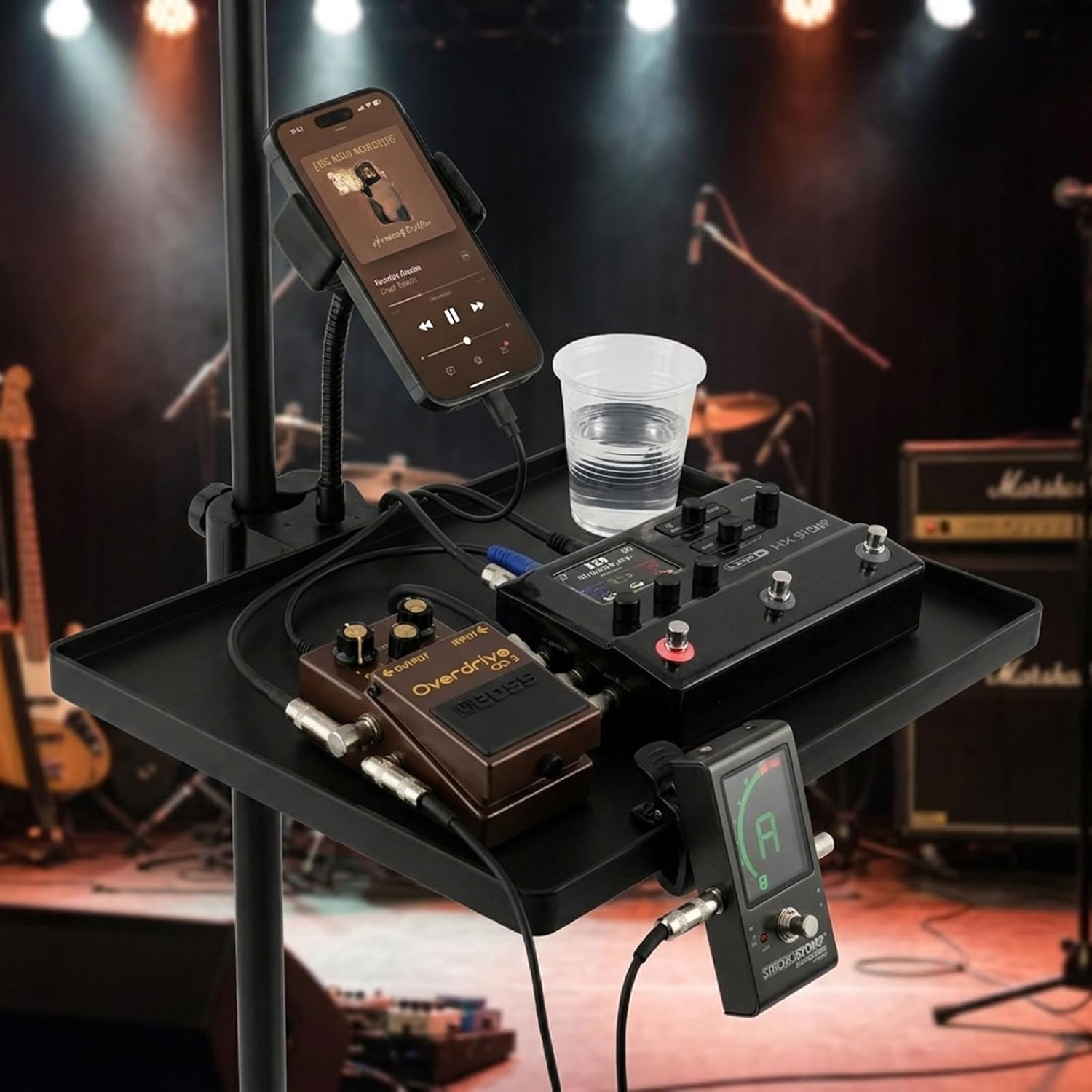 Microphone Stand Tray with Phone Holder, 11" x 10.8" Clamp-On Shelf with Crab Clamp for Music Stand, Microphone Stand Accessories for Stage Live Streaming and Concert Performance - Image 6